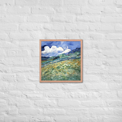Van Gogh's 'Landscape from Saint-Rémy' on a 18"x18" red oak framed poster print on a white brick wall.