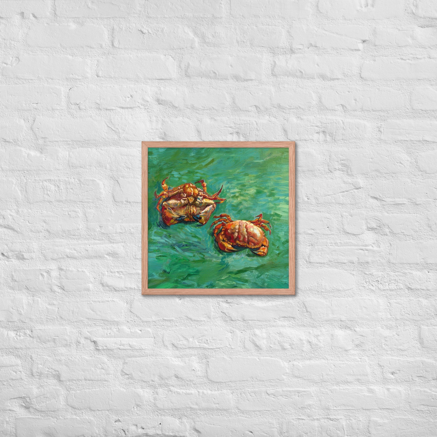 Van Gogh's 'Two Crabs' on a 18"x18" red oak framed poster print on a white brick wall.