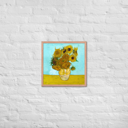 Van Gogh's 'Vase with Twelve Sunflowers' on a 18"x18" red oak framed poster print on a white brick wall.