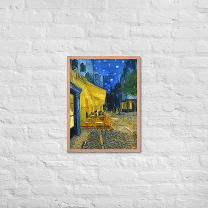 Van Gogh's 'Café Terrace at Night' on a 18"x24" red oak framed poster print on a white brick wall.