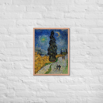 Van Gogh's 'Road with Cypress and Star' on a 18"x24" red oak framed poster print on a white brick wall.