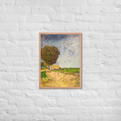 Van Gogh's 'A Lane near Arles' on a 18"x24" red oak framed poster print on a white brick wall.