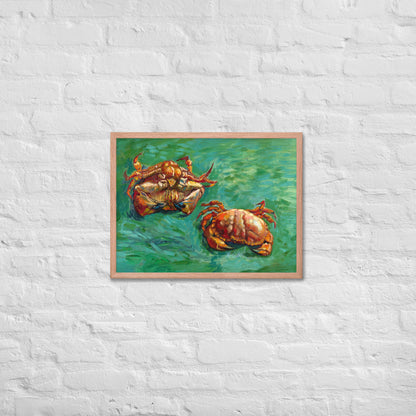 Van Gogh's 'Two Crabs' on a 18"x24" red oak framed poster print on a white brick wall.
