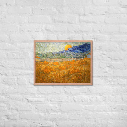 Van Gogh's 'Landscape with Wheat Sheaves and Rising Moon' on a 18"x24" red oak framed poster print on a white brick wall.