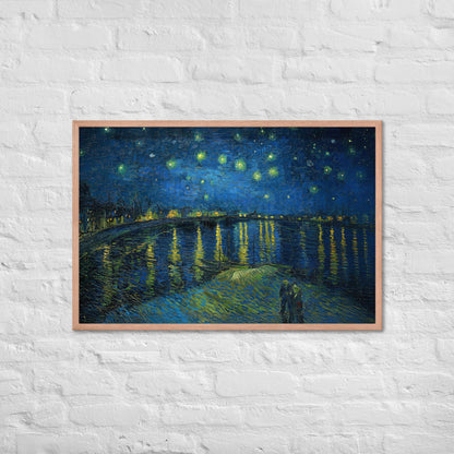 Van Gogh's 'Starry Night Over the Rhone' on a 24"x36" red oak framed poster print on a white brick wall.