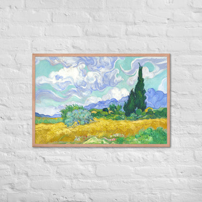 Van Gogh's 'Wheat Field with Cypresses' on a 24"x36" red oak framed poster print on a white brick wall.