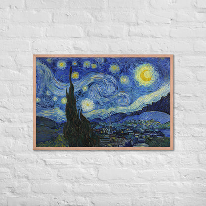 Van Gogh's 'Starry Night' on a 24"x36" red oak framed poster print on a white brick wall.