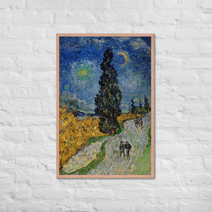 Van Gogh's 'Road with Cypress and Star' on a 24"x36" red oak framed poster print on a white brick wall.