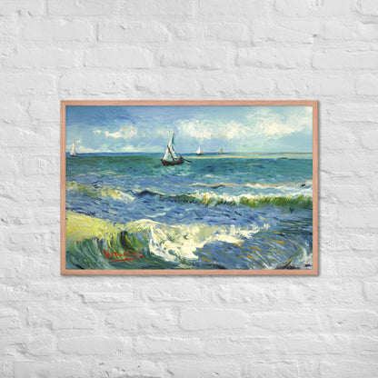 Van Gogh's 'The Sea at Les Saintes-Maries-de-la-Mer' on a 24"x36" red oak framed poster print on a white brick wall.