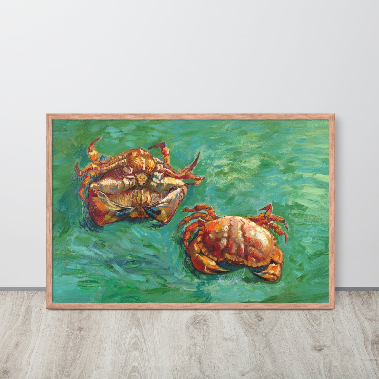Van Gogh's 'Two Crabs' on a 24"x36" red oak framed poster print sitting on a wooden floor leaning against a light gray wall.