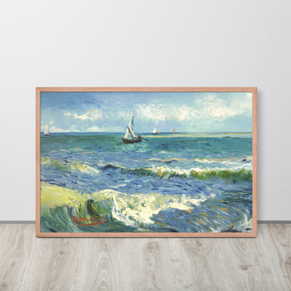 Van Gogh's 'The Sea at Les Saintes-Maries-de-la-Mer' on a 24"x36" red oak framed poster print sitting on a wooden floor leaning against a light gray wall.
