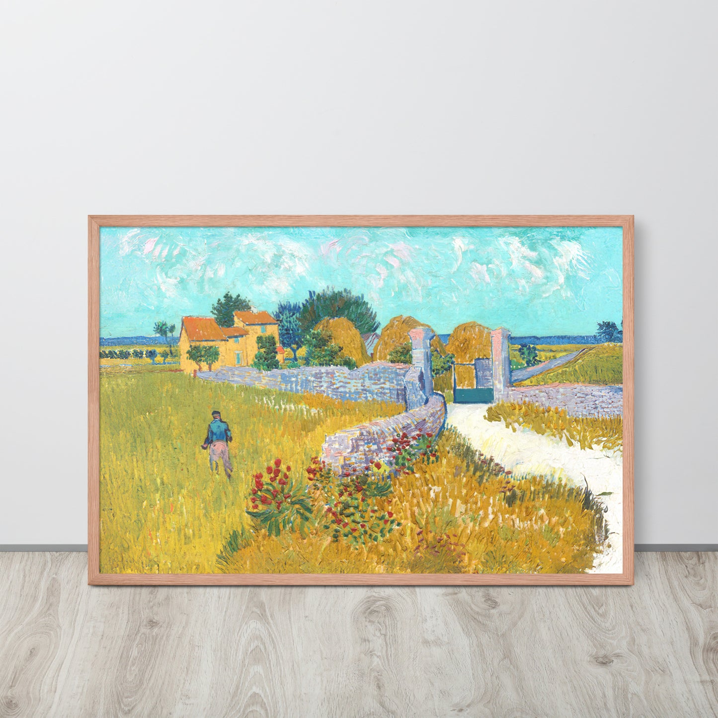 Van Gogh's 'Farmhouse in Provence' on a 24"x36" red oak framed poster print sitting on a wooden floor leaning against a light gray wall.