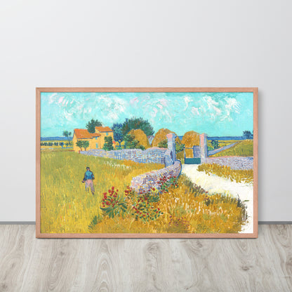 Van Gogh's 'Farmhouse in Provence' on a 24"x36" red oak framed poster print sitting on a wooden floor leaning against a light gray wall.