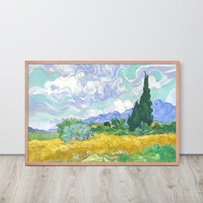 Van Gogh's 'Wheat Field with Cypresses' on a 24"x36" red oak framed poster print sitting on a wooden floor leaning against a light gray wall.
