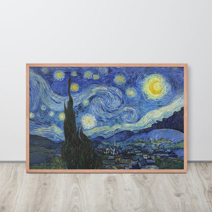 Van Gogh's 'Starry Night' on a 24"x36" red oak framed poster print sitting on a wooden floor leaning against a light gray wall.