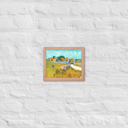 Van Gogh's 'Farmhouse in Provence' on a 8"x10" red oak framed poster print on a white brick wall.