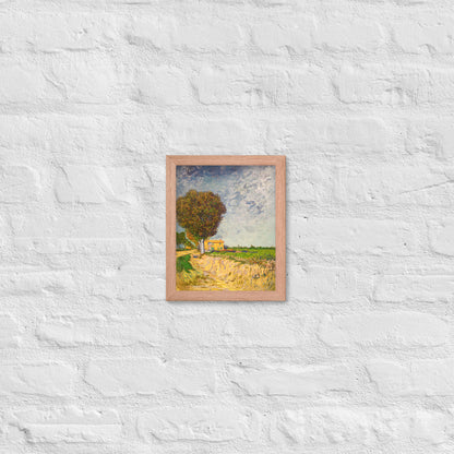 Van Gogh's 'A Lane near Arles' on a 8"x10" red oak framed poster print on a white brick wall.