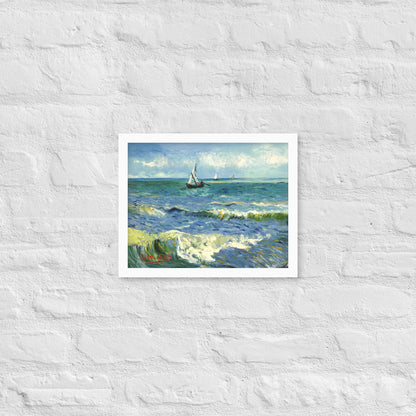 Van Gogh's 'The Sea at Les Saintes-Maries-de-la-Mer' on a 11"x14" white framed poster print on a white brick wall.