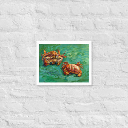 Van Gogh's 'Two Crabs' on a 11"x14" white framed poster print on a white brick wall.