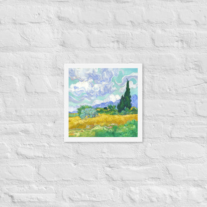 Van Gogh's 'Wheat Field with Cypresses' on a 12"x12" white framed poster print on a white brick wall.
