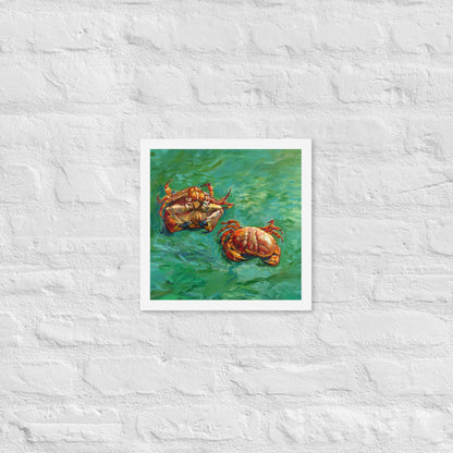 Van Gogh's 'Two Crabs' on a 12"x12" white framed poster print on a white brick wall.
