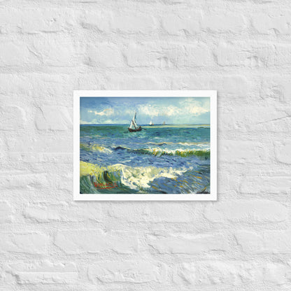 Van Gogh's 'The Sea at Les Saintes-Maries-de-la-Mer' on a 12"x16" white framed poster print on a white brick wall.