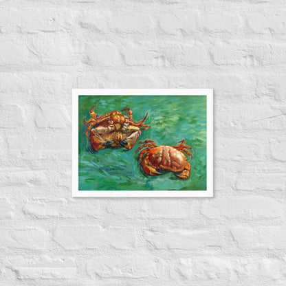 Van Gogh's 'Two Crabs' on a 12"x16" white framed poster print on a white brick wall.