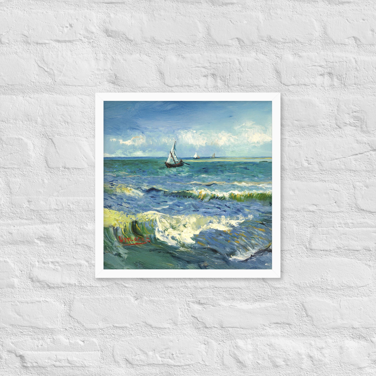 Van Gogh's 'The Sea at Les Saintes-Maries-de-la-Mer' on a 16"x16" white framed poster print on a white brick wall.