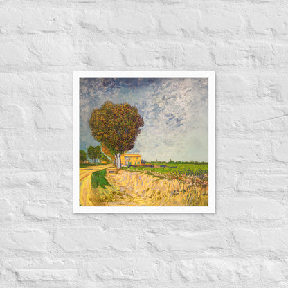 Van Gogh's 'A Lane near Arles' on a 16"x16" white framed poster print on a white brick wall.