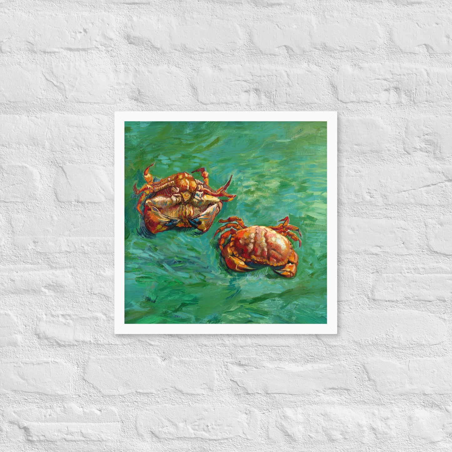 Van Gogh's 'Two Crabs' on a 16"x16" white framed poster print on a white brick wall.