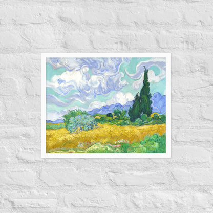 Van Gogh's 'Wheat Field with Cypresses' on a 16"x20" white framed poster print on a white brick wall.