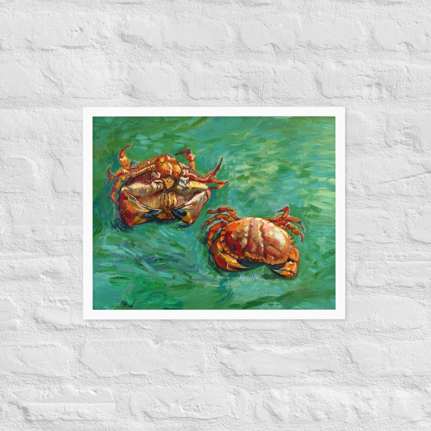 Van Gogh's 'Two Crabs' on a 16"x20" white framed poster print on a white brick wall.