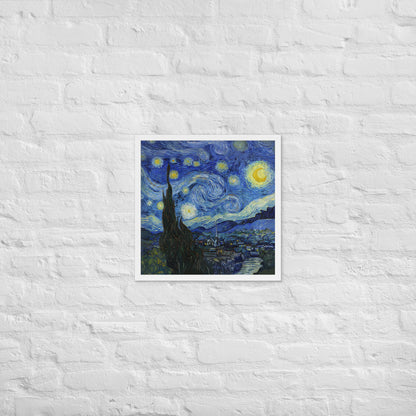 Van Gogh's 'Starry Night' on a 18"x18" white framed poster print on a white brick wall.
