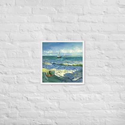 Van Gogh's 'The Sea at Les Saintes-Maries-de-la-Mer' on a 18"x18" white framed poster print on a white brick wall.