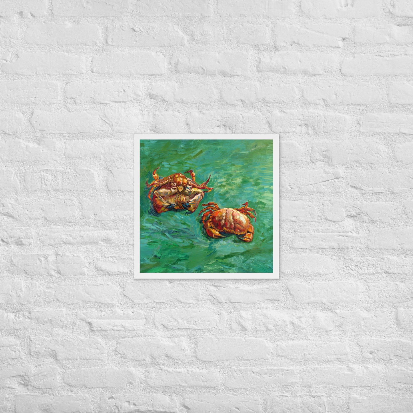 Van Gogh's 'Two Crabs' on a 18"x18" white framed poster print on a white brick wall.