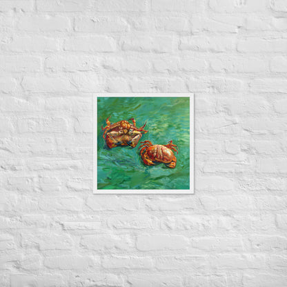 Van Gogh's 'Two Crabs' on a 18"x18" white framed poster print on a white brick wall.