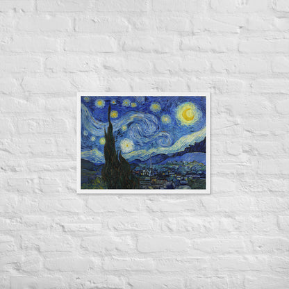Van Gogh's 'Starry Night' on a 18"x24" white framed poster print on a white brick wall.