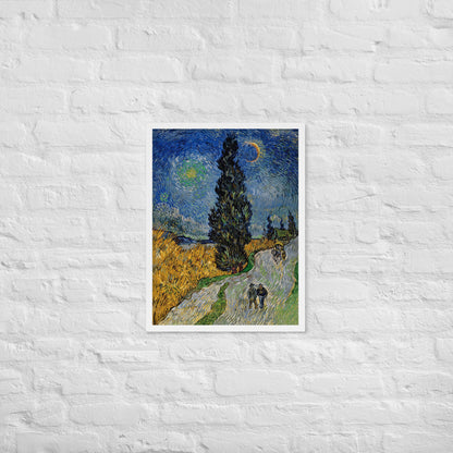 Van Gogh's 'Road with Cypress and Star' on a 18"x24" white framed poster print on a white brick wall.