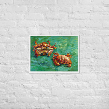Van Gogh's 'Two Crabs' on a 18"x24" white framed poster print on a white brick wall.