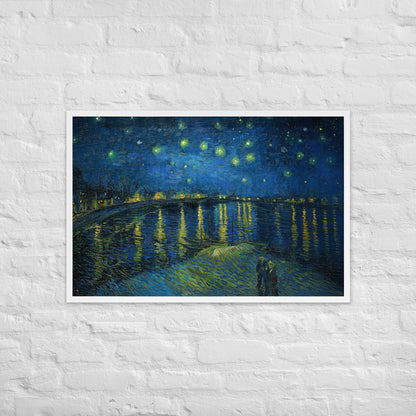 Van Gogh's 'Starry Night Over the Rhone' on a 24"x36" white framed poster print on a white brick wall.