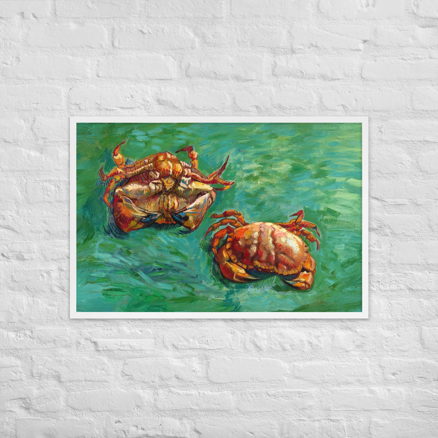 Van Gogh's 'Two Crabs' on a 24"x36" white framed poster print on a white brick wall.