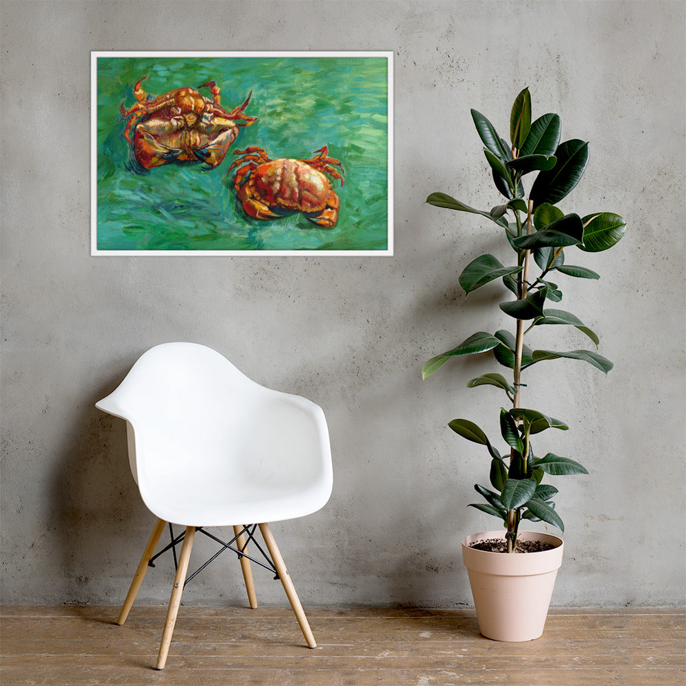Van Gogh's 'Two Crabs' on a 24"x36" white framed poster print on a light gray concrete wall with a white chair and plant below.