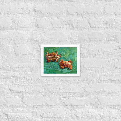 Van Gogh's 'Two Crabs' on a 8"x10" white framed poster print on a white brick wall.