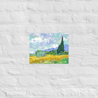 Van Gogh's 'Wheat Field with Cypresses' on a 11"x14" unframed poster print on a white brick wall.