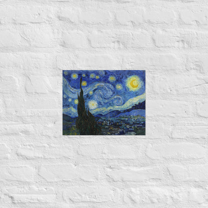 Van Gogh's 'Starry Night' on a 11"x14" unframed poster print on a white brick wall.