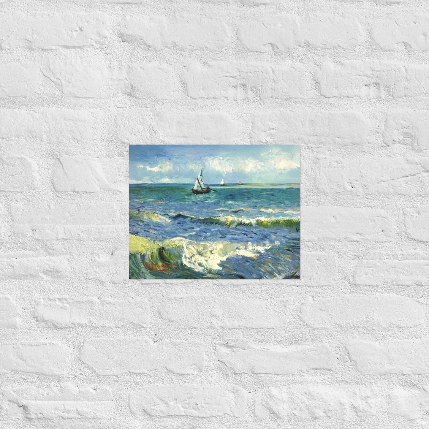 Van Gogh's 'The Sea at Les Saintes-Maries-de-la-Mer' on a 11"x14" unframed poster print on a white brick wall.