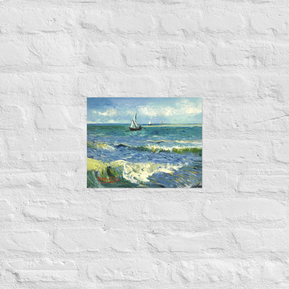 Van Gogh's 'The Sea at Les Saintes-Maries-de-la-Mer' on a 11"x14" unframed poster print on a white brick wall.