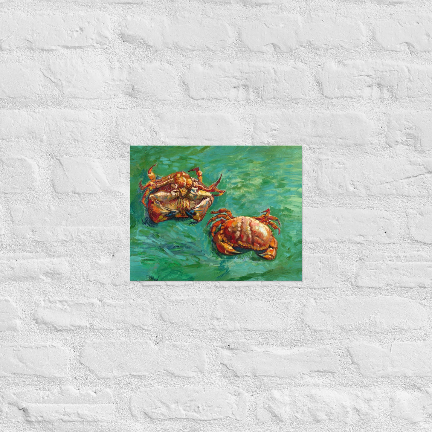 Van Gogh's 'Two Crabs' on a 11"x14" unframed poster print on a white brick wall.