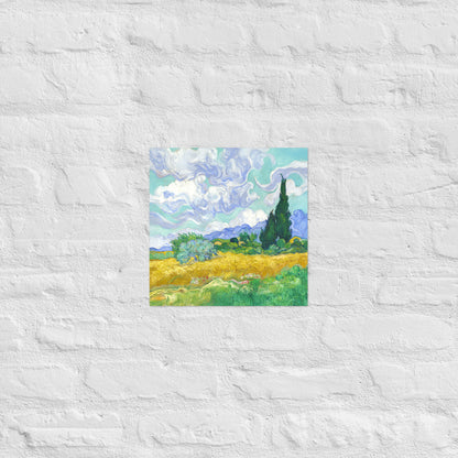 Van Gogh's 'Wheat Field with Cypresses' on a 12"x12" unframed poster print on a white brick wall.