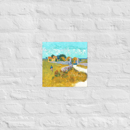 Van Gogh's 'Farmhouse in Provence' on a 12"x12" unframed poster print on a white brick wall.